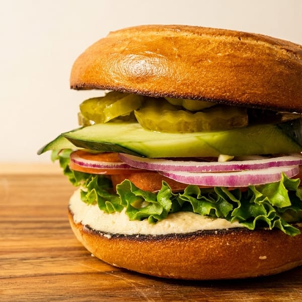 A bagel sandwich with hummus, lettuce, tomato, red onion, cucumber, and pickles on a wooden board.