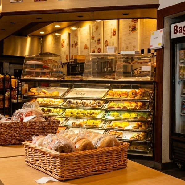 Interior of Bagel Street Cafe with display cases of bagels, pastries, and a refrigerated drink cooler.