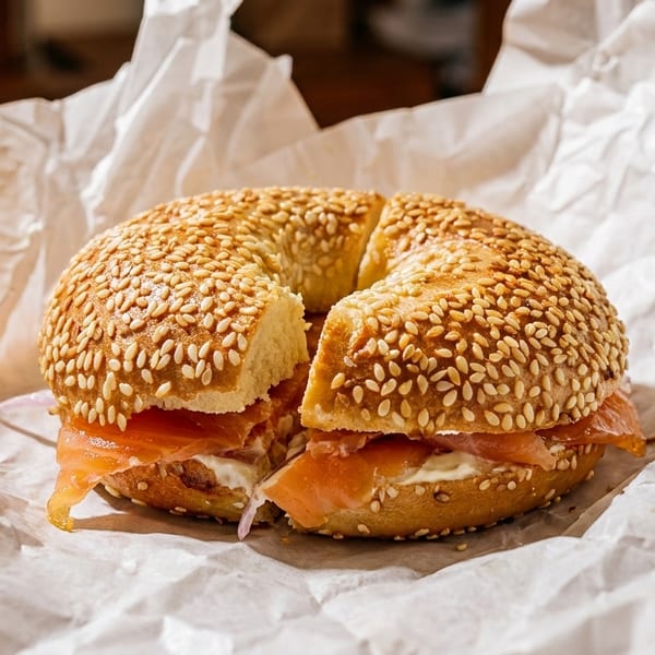 Sesame bagel with lox, cream cheese, and red onion, served on white crumpled paper.