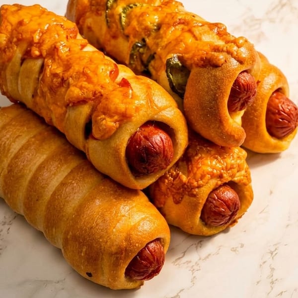Four pigs in a blanket, some with melted cheese and jalapeños, on a marble surface.