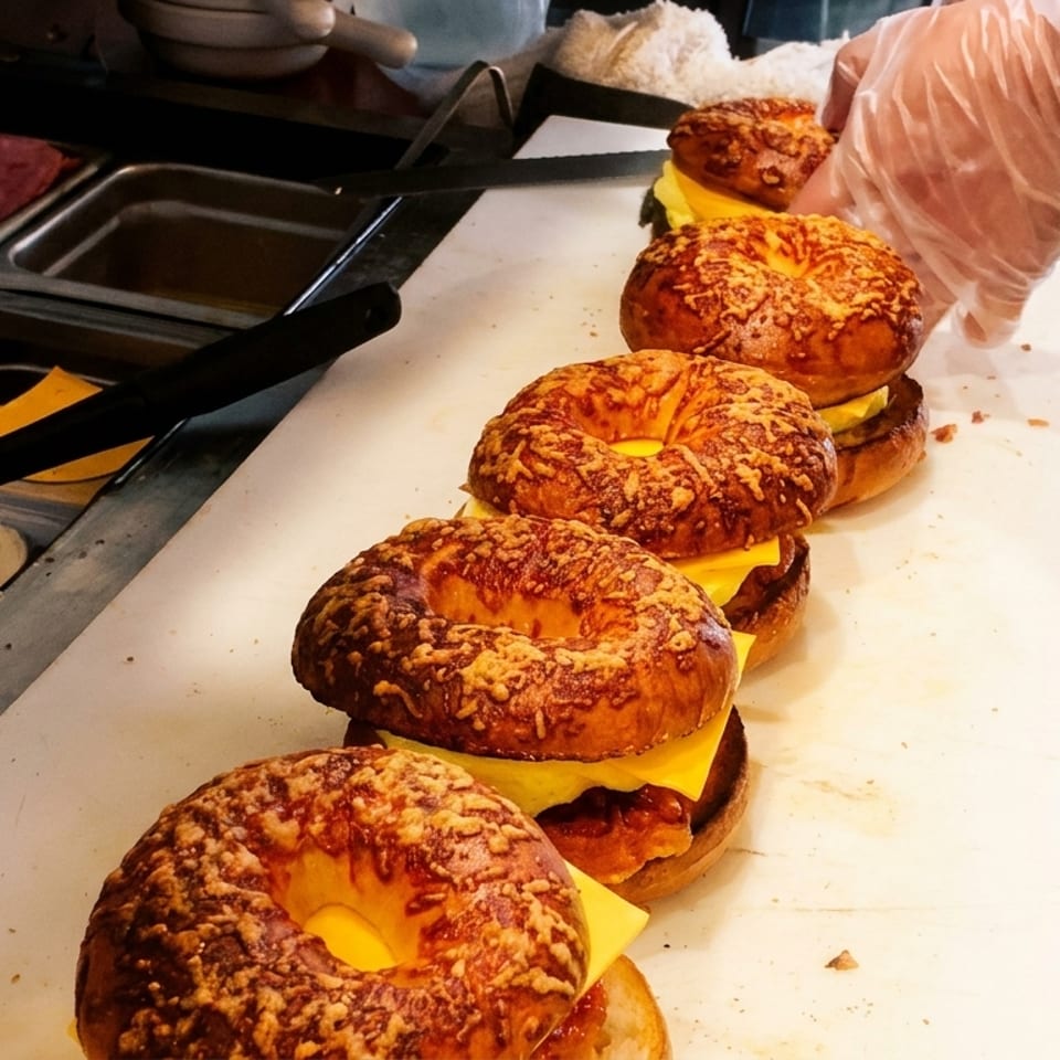 Gloved worker assembles a row of toasted cheese-topped bagel sandwiches on a prep counter.